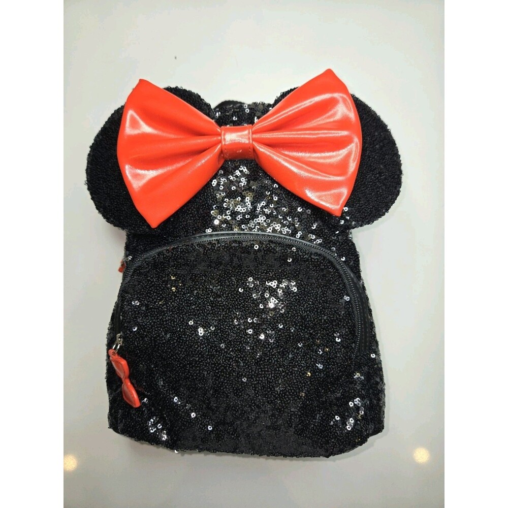 Disney Minnie Mouse Black Sequin Mini Backpack Red Bow Cute Park Bag